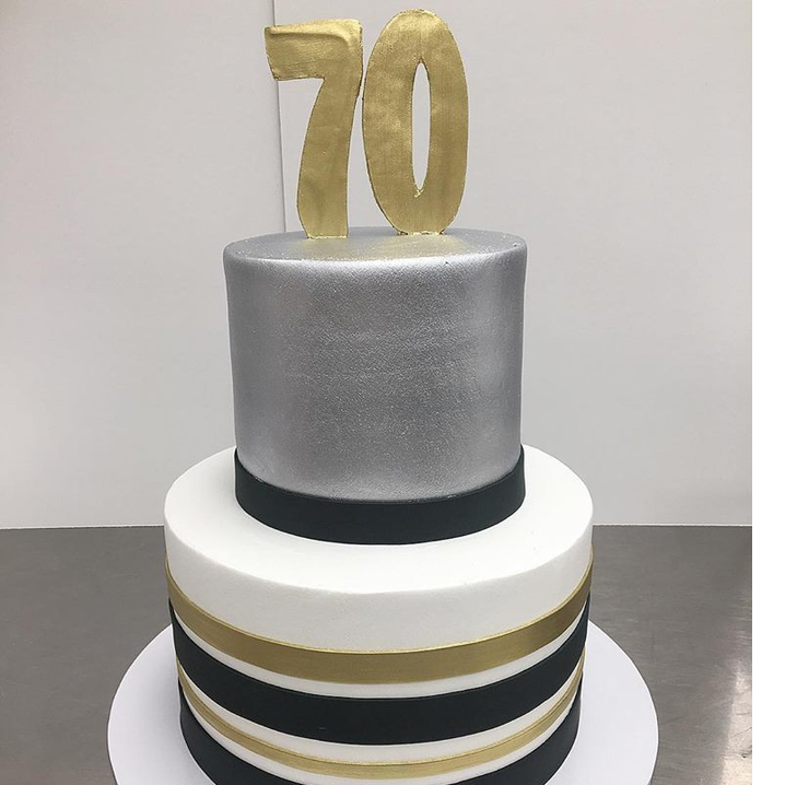 buttercream base with fondant stripes and metallic accents buttercream base with fondant stripes and metallic accents